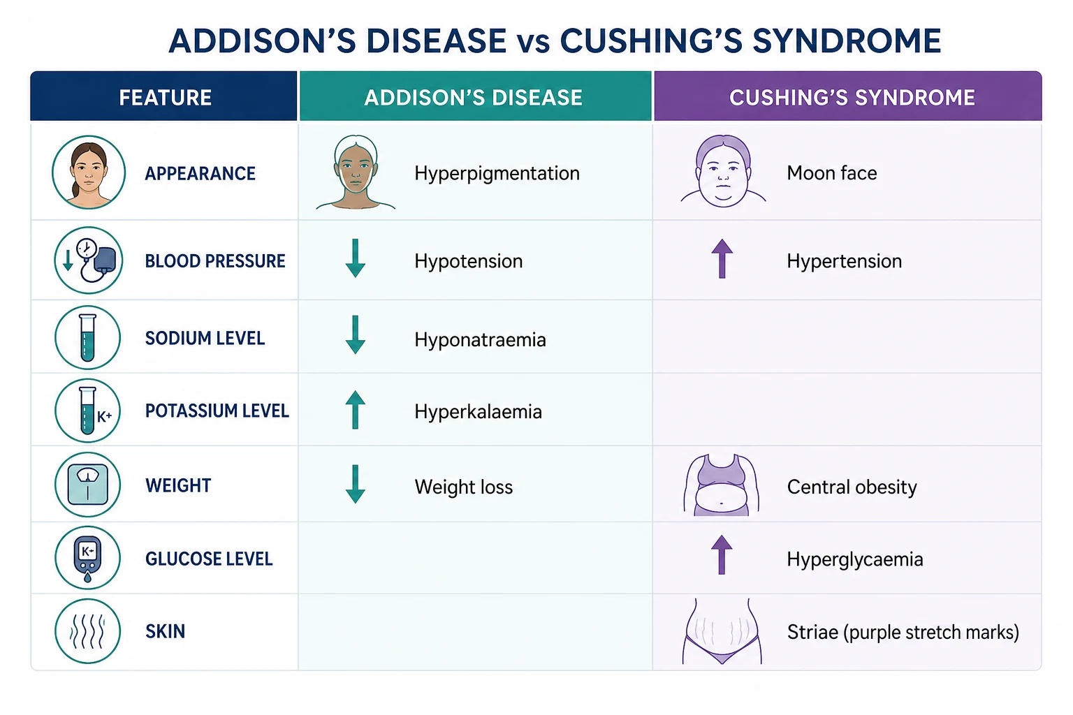 Comparison of adrenal insufficiency versus cortisol excess — Addison's disease (deficiency: hyperpigmentation, hyponatraemia, hyperkalaemia, hypotension) versus Cushing's syndrome (excess: central obesity, moon face, striae, myopathy, hypertension)