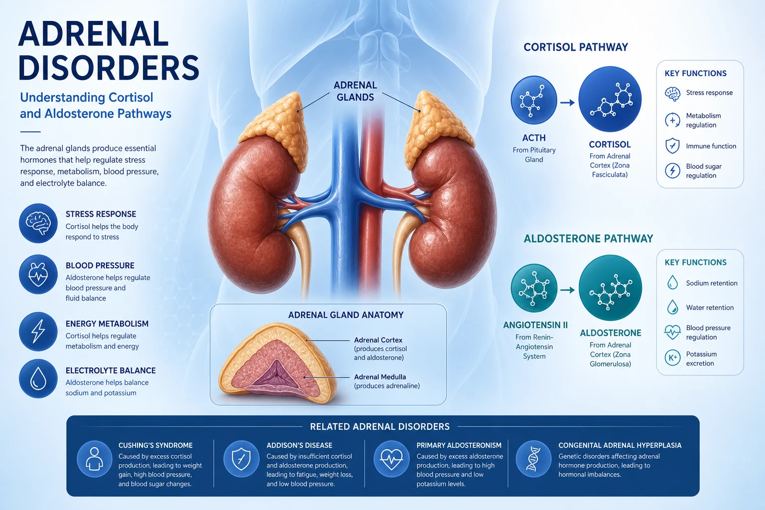 Adrenal disorders — concept illustration showing adrenal gland cross-section with cortex zones (glomerulosa, fasciculata, reticularis) and medulla, annotated with the four major disease categories: Addison's, Cushing's, Conn syndrome, and phaeochromocytoma
