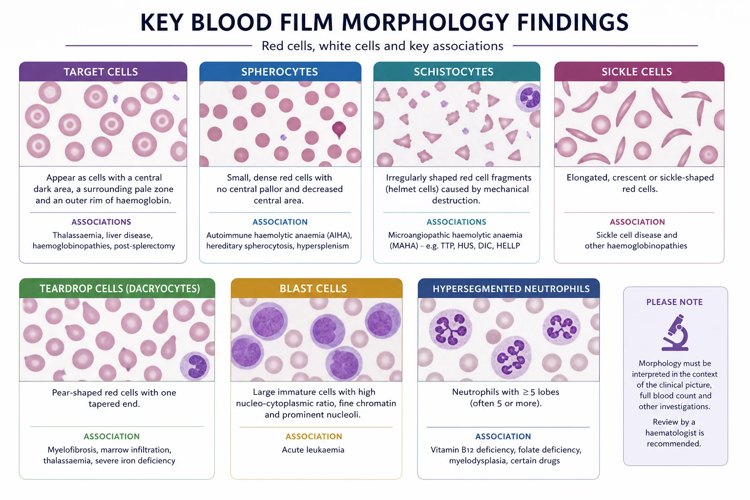 Blood film morphology atlas — target cells, spherocytes, sickle cells, schistocytes, teardrop cells, basophilic stippling, hypersegmented neutrophils and blast cells with the diagnosis each points to