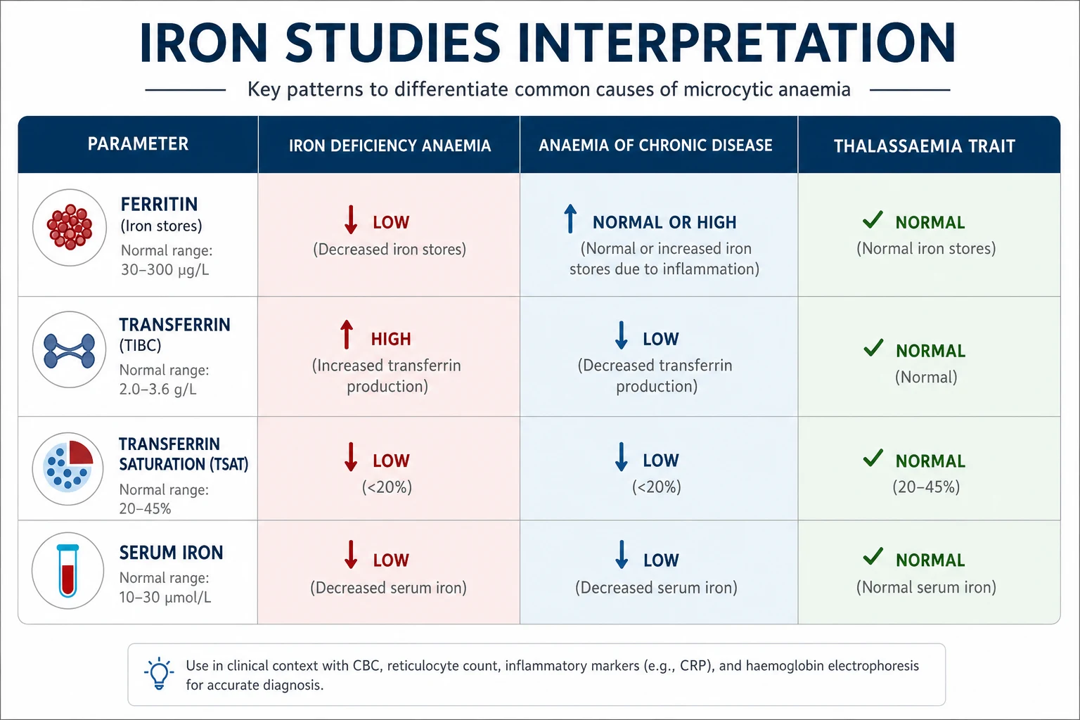 Iron studies interpretation grid showing ferritin, transferrin and transferrin saturation patterns across iron deficiency, anaemia of chronic disease, thalassaemia trait and sideroblastic anaemia