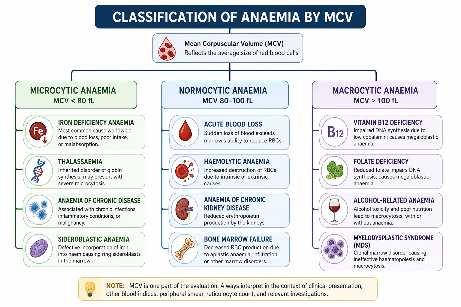 Anaemia classification flowchart branching by mean cell volume — microcytic, normocytic and macrocytic causes with discriminating investigations