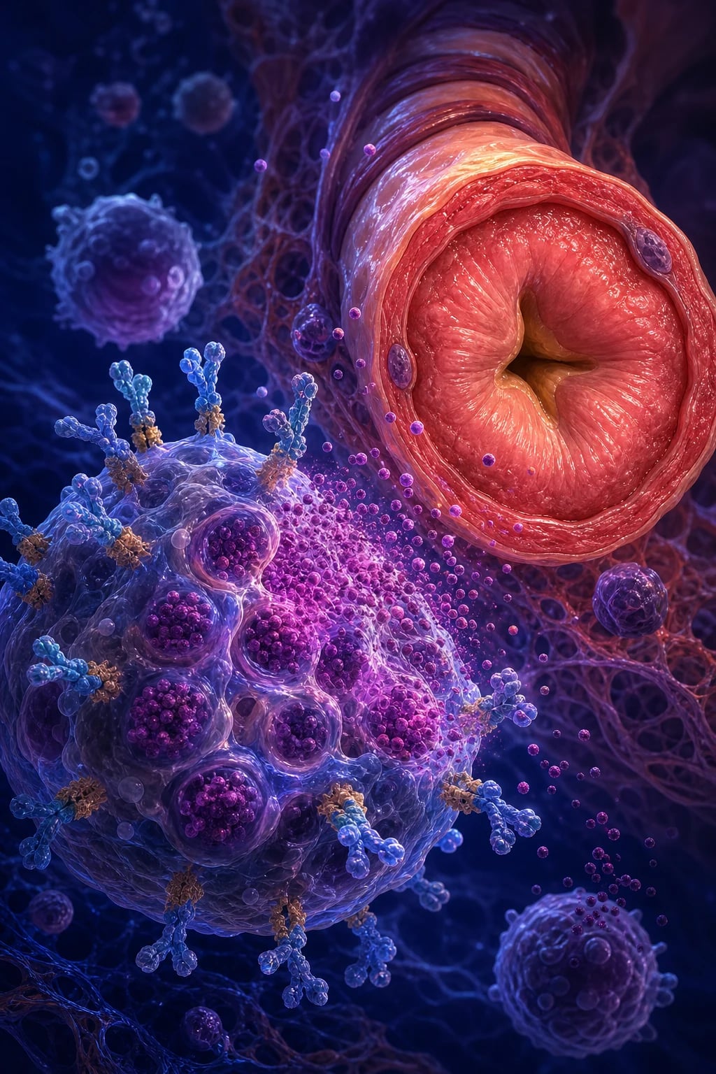 A degranulating mast cell releasing histamine granules, with a constricted oedematous airway in the background — the microscopic engine of anaphylaxis