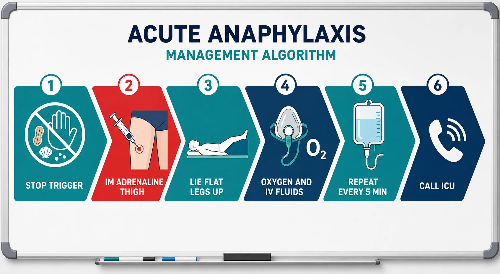 Acute anaphylaxis algorithm: stop the trigger, IM adrenaline into the thigh, lie flat with legs up, oxygen and IV fluids, repeat every five minutes, call ICU
