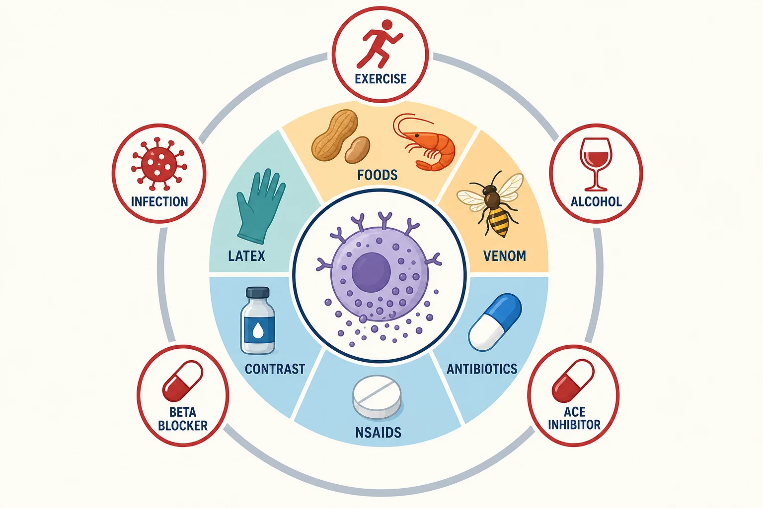 Anaphylaxis triggers — foods, venom, antibiotics, NSAIDs, contrast, latex — with the amplifying cofactors exercise, alcohol, infection, ACE inhibitors and beta-blockers
