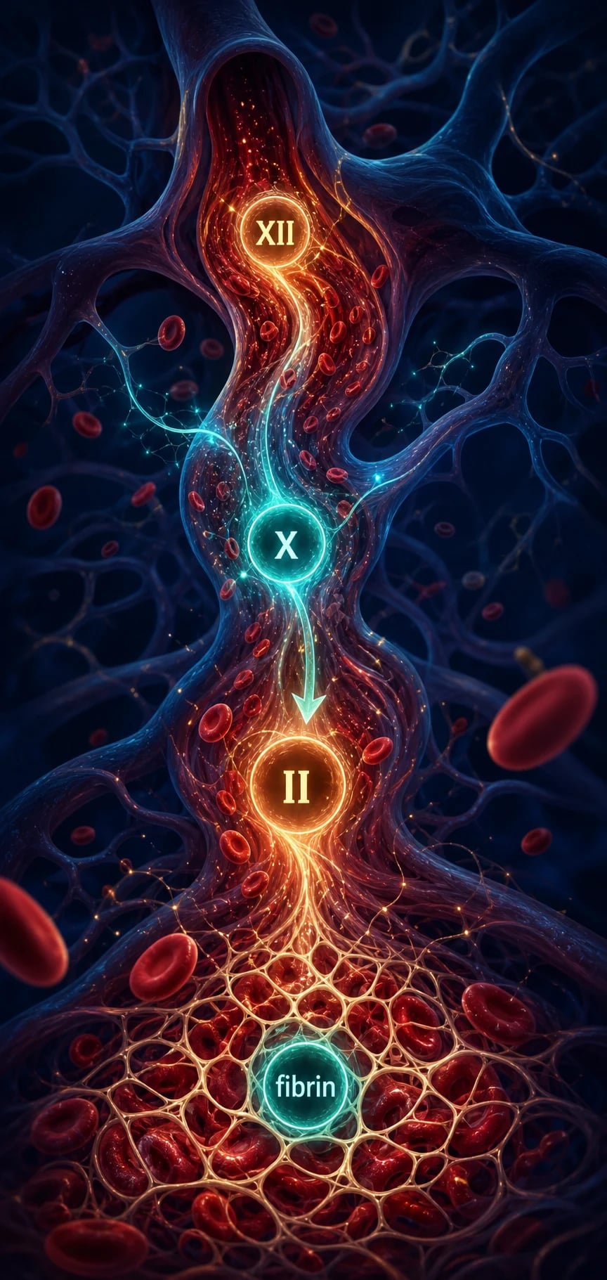 The coagulation cascade as a descending river of clotting factors converging on thrombin and fibrin