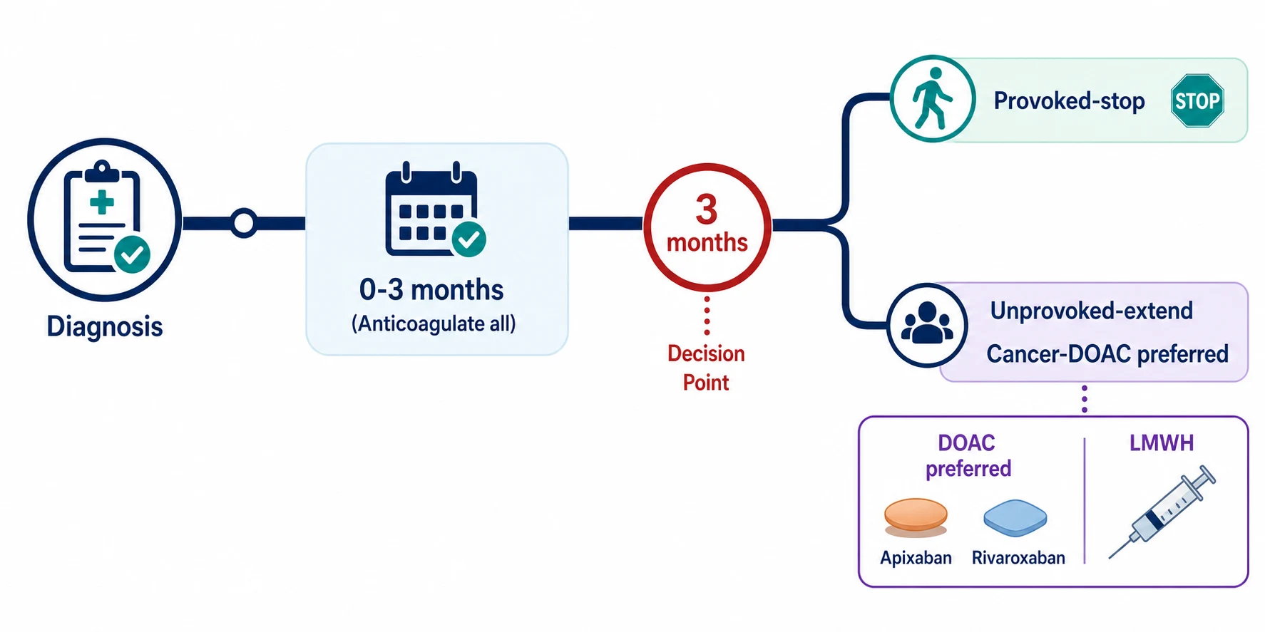 VTE treatment timeline: anticoagulate everyone for 3 months, then stop for provoked, extend for unprovoked or cancer