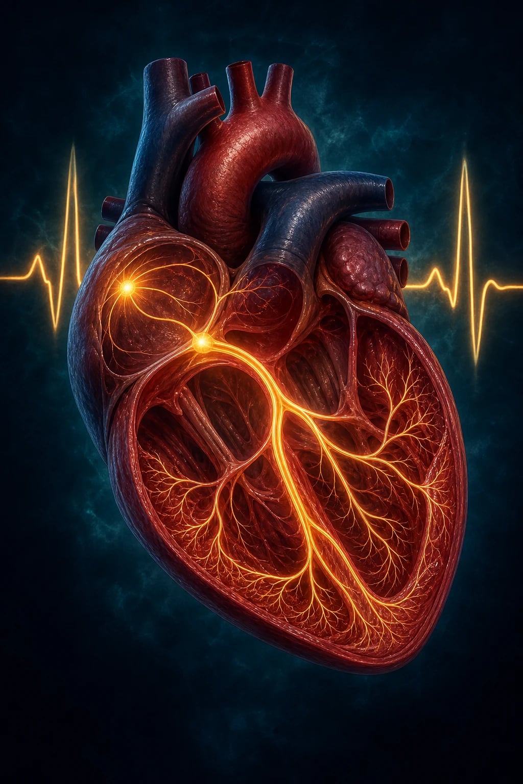 The cardiac conduction system — sinoatrial node, atrioventricular node, His-Purkinje network — glowing within the heart