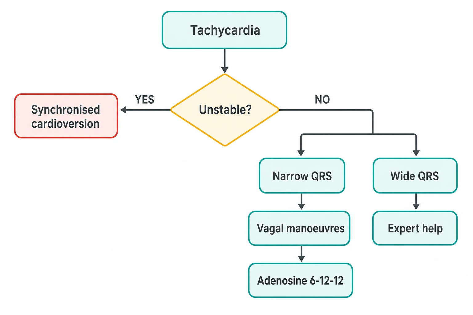 Acute tachycardia algorithm — unstable to synchronised cardioversion; stable narrow to vagal manoeuvres and adenosine; stable wide to expert help