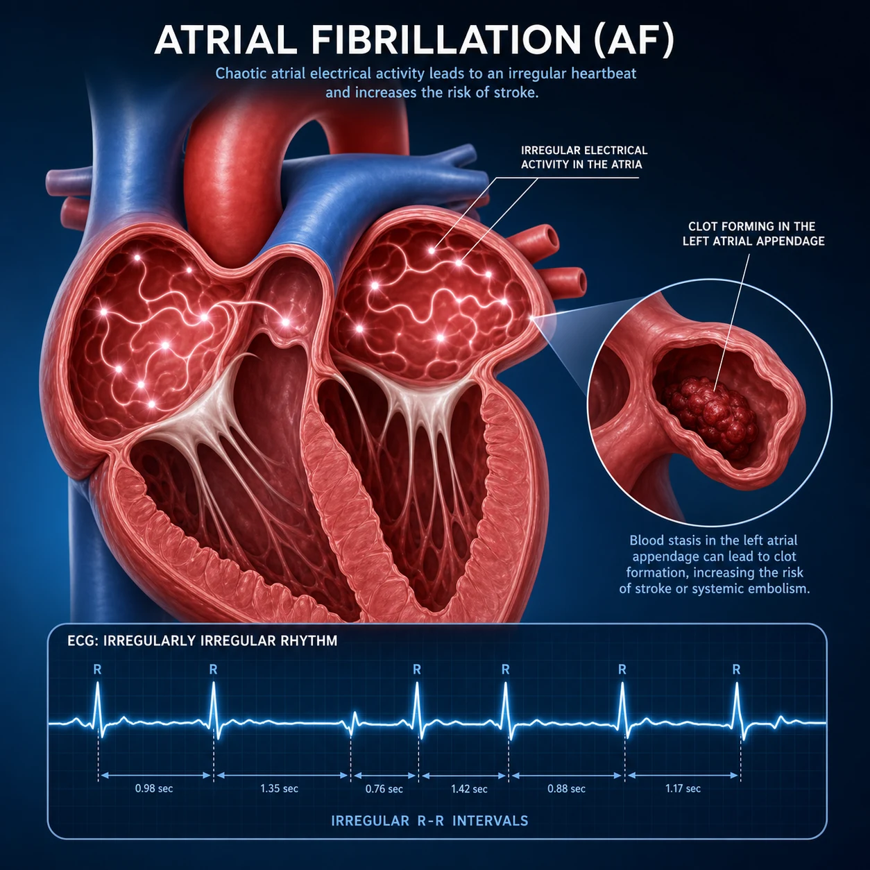 Atrial fibrillation — ECG rhythm strip showing irregularly irregular rhythm with absent P waves