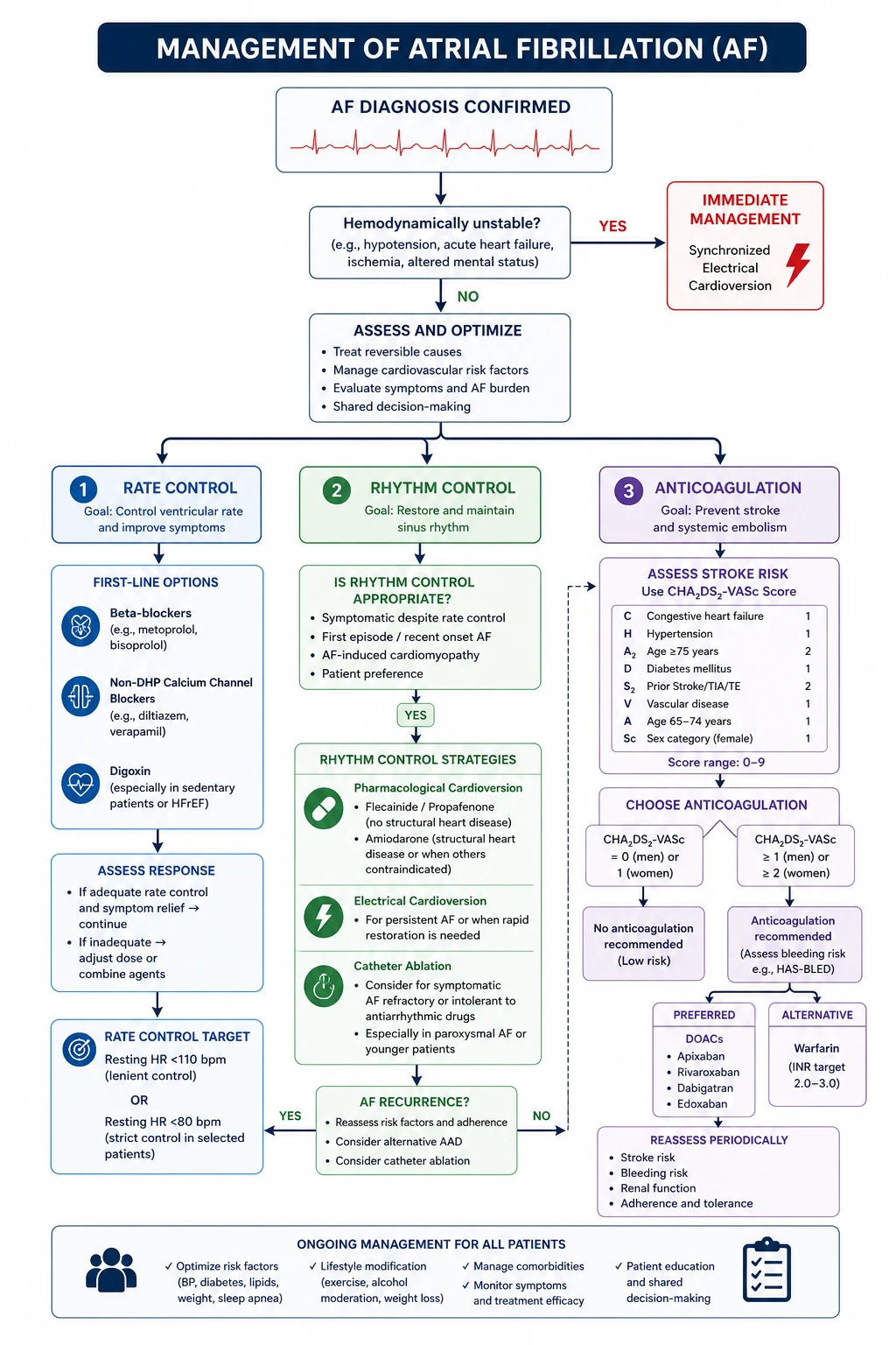 Management algorithm for atrial fibrillation — rate control, rhythm control, and anticoagulation decision pathways