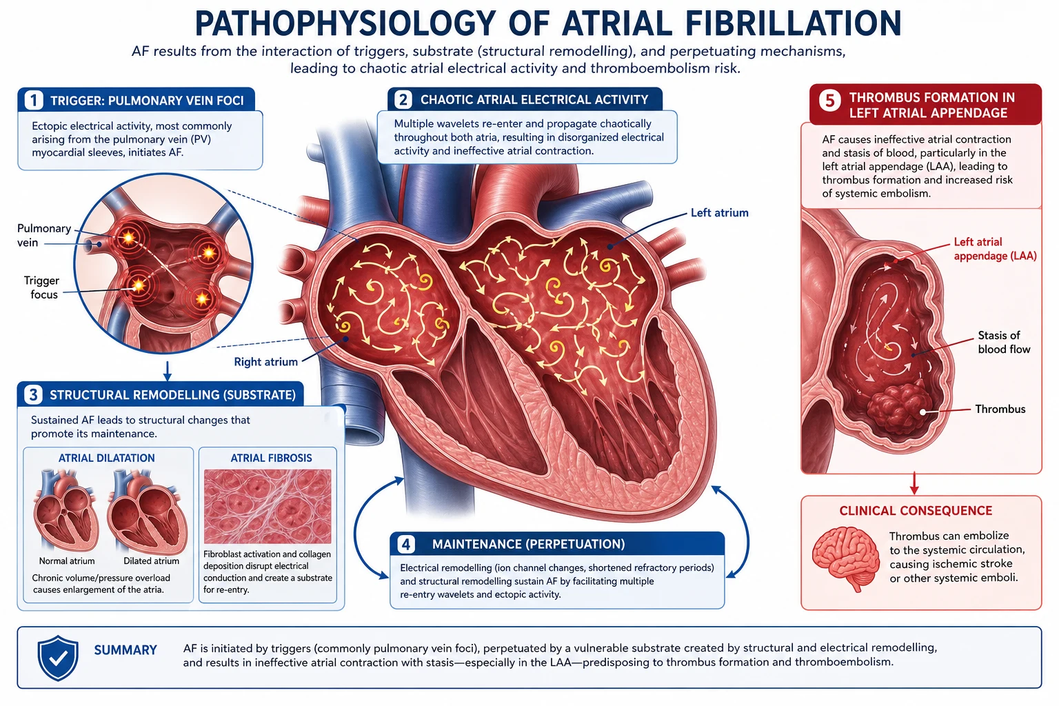 Pathophysiology of atrial fibrillation — pulmonary vein trigger foci, reentrant circuits, and atrial remodelling