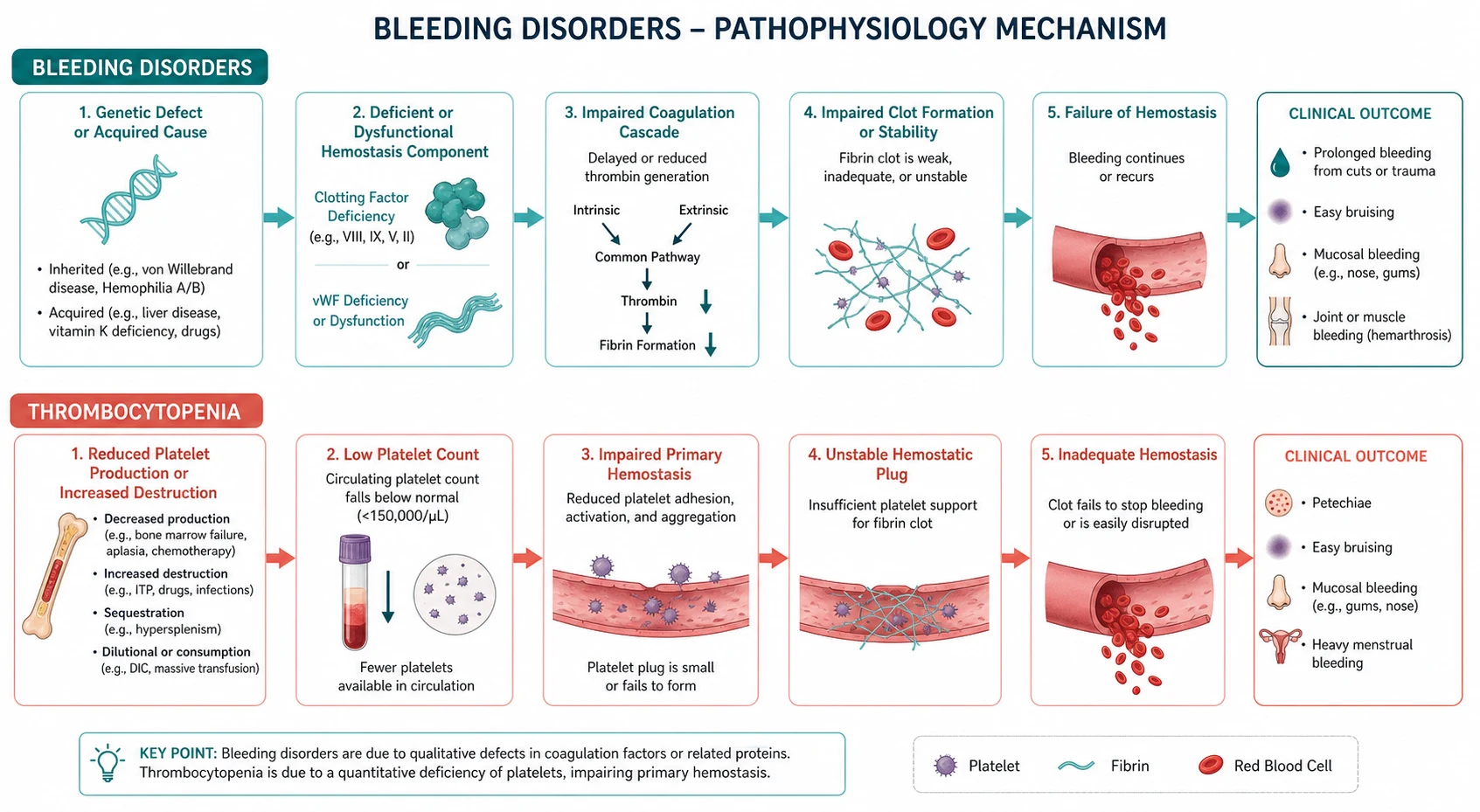 Pathophysiology mechanism diagram for Bleeding Disorders AND Thrombocytopenia.