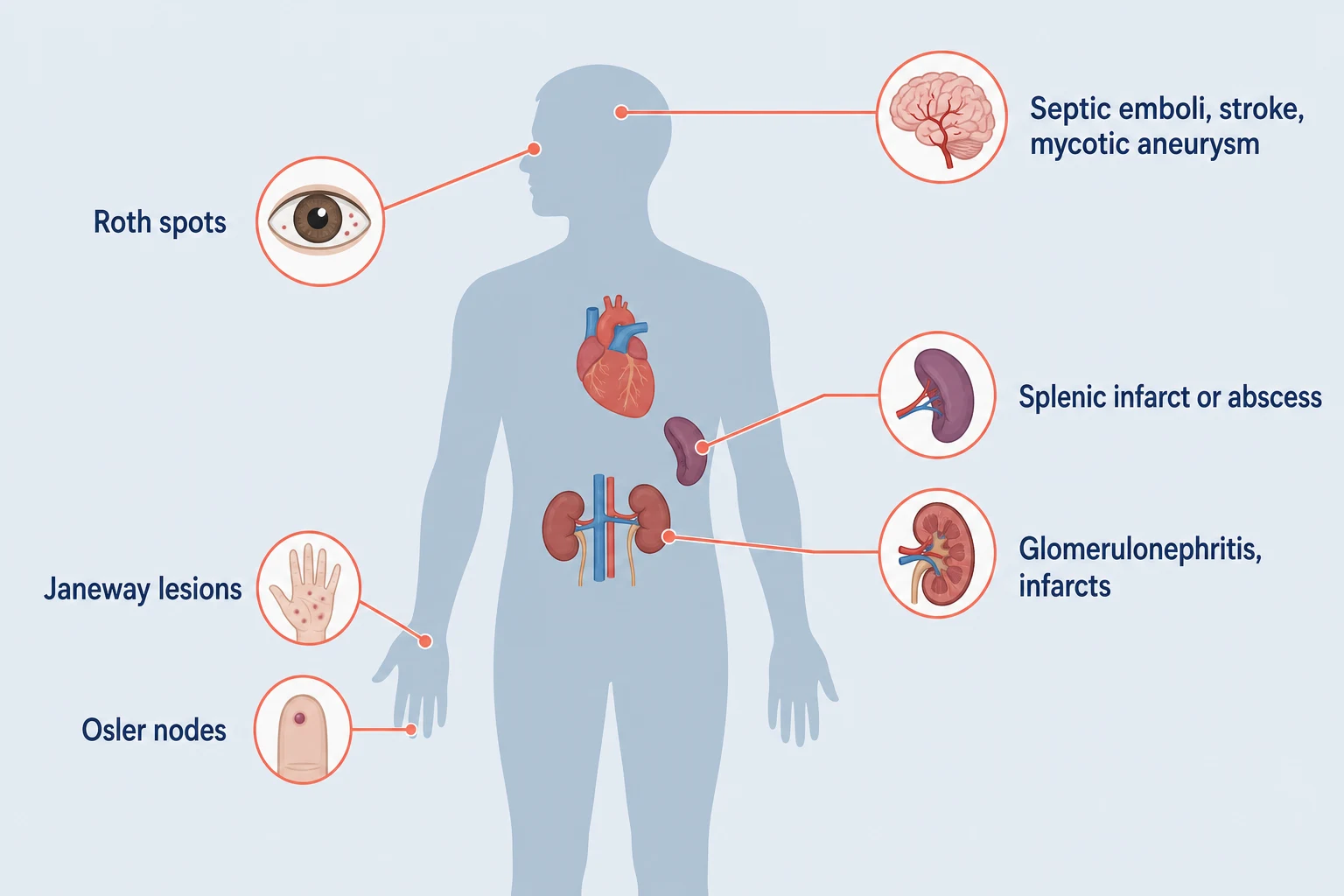 Complications of endocarditis: septic emboli to brain, spleen, kidneys and limbs, mycotic aneurysm, glomerulonephritis, and peripheral stigmata