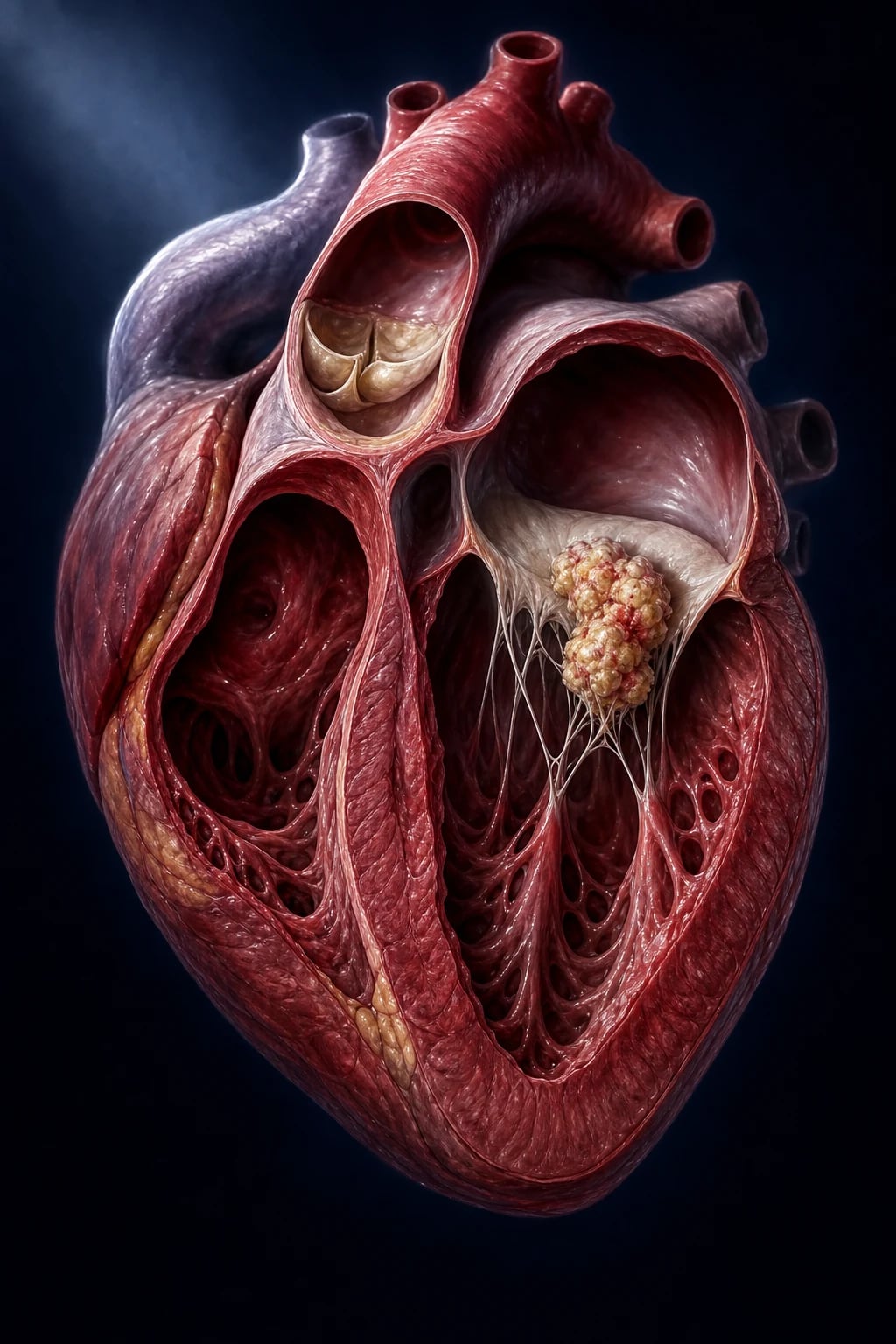 Cross-section of the human heart showing a friable vegetation on the mitral valve leaflet