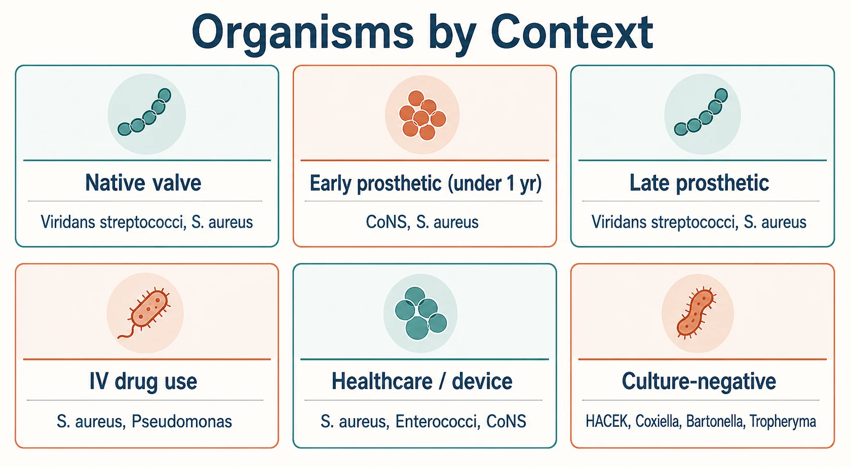 Endocarditis organisms by clinical context: native valve, prosthetic valve, IVDU, healthcare and device, culture-negative