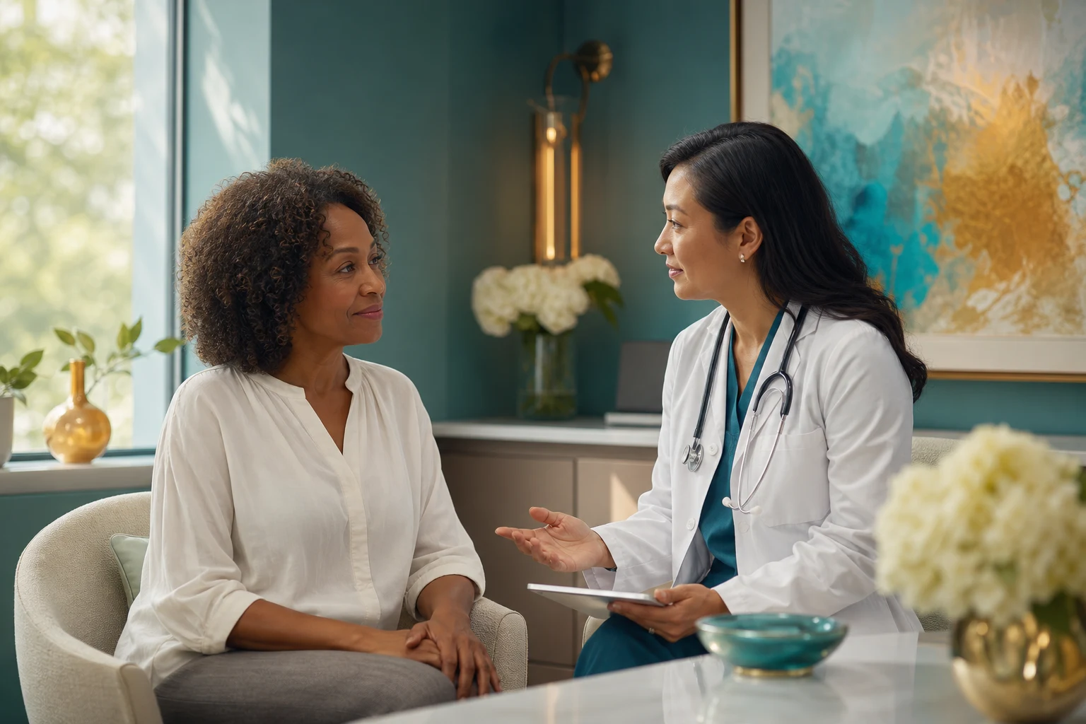 Breast cancer — the four receptor subtypes (luminal A, luminal B, HER2-enriched, triple-negative / basal-like) mapped to ER, PR, HER2 status, prognosis, and targeted therapy, anchored to the screening-to-surgery-to-systemic-therapy pipeline
