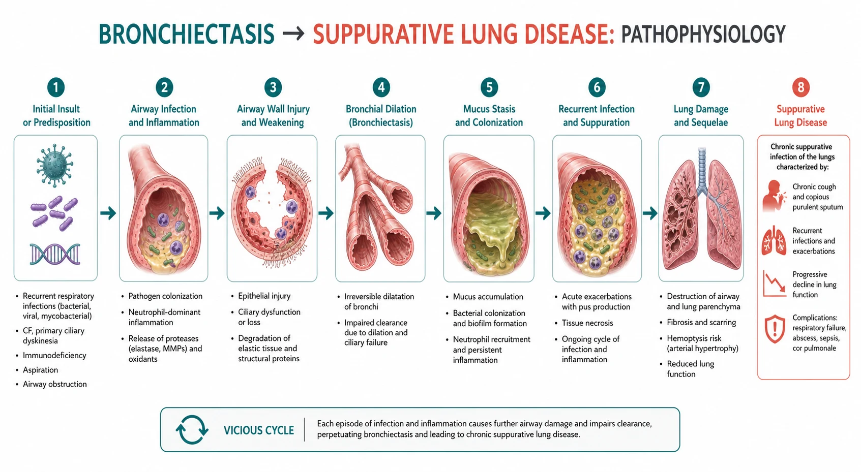 Pathophysiology mechanism diagram for Bronchiectasis AND Suppurative Lung Disease.