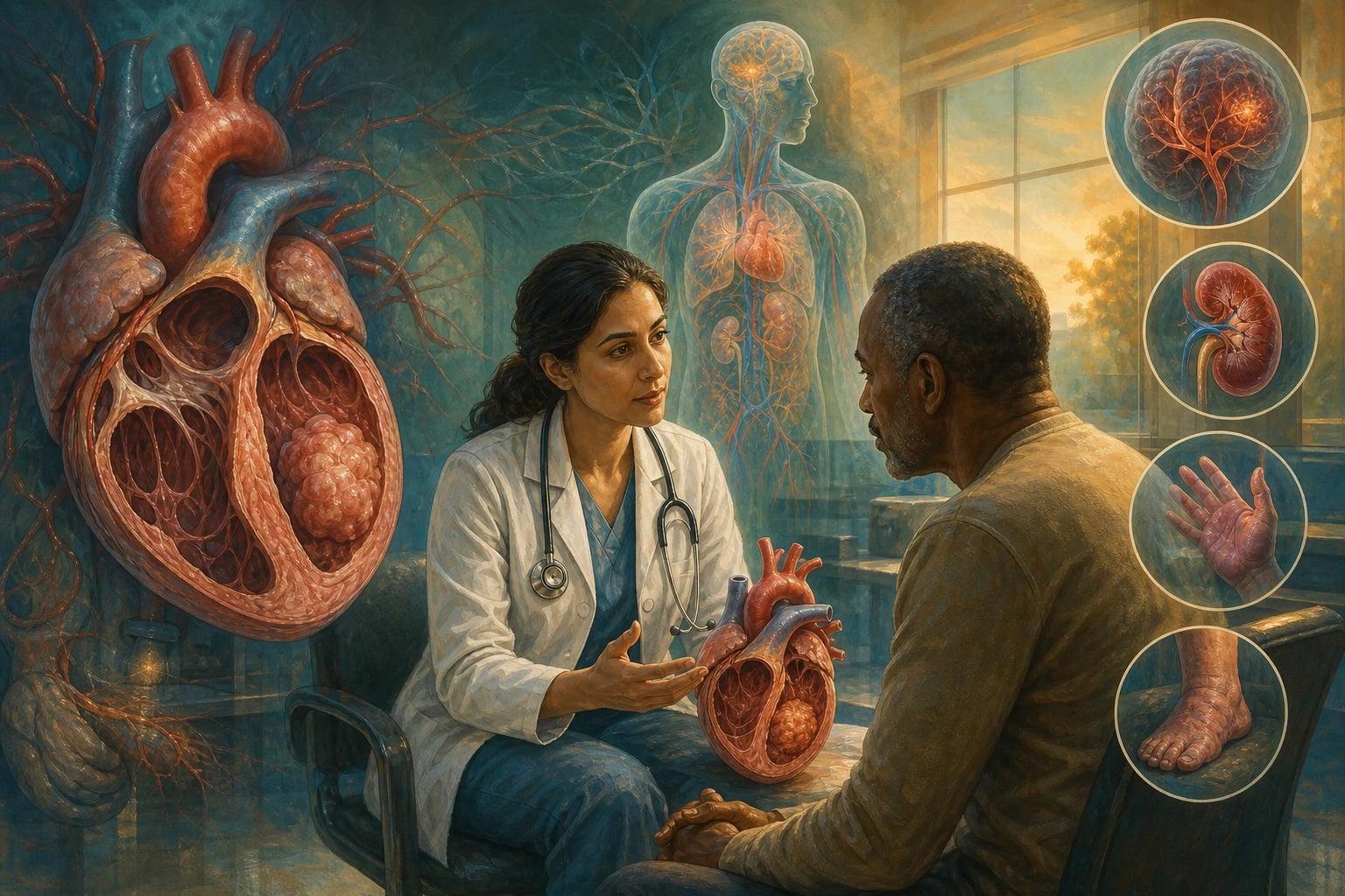 Cardiac tumours spectrum — myxoma, fibroelastoma, rhabdomyoma, sarcoma, metastatic involvement.