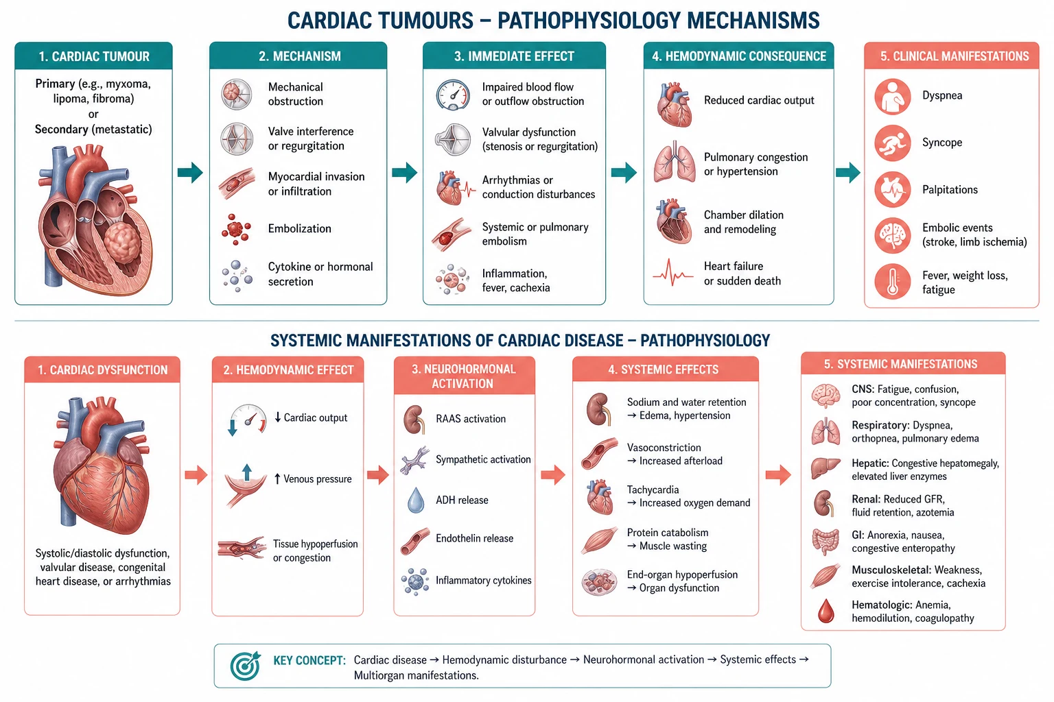 Mechanism of myxoma — obstructive prolapse through mitral valve, systemic embolisation, IL-6-driven constitutional syndrome.