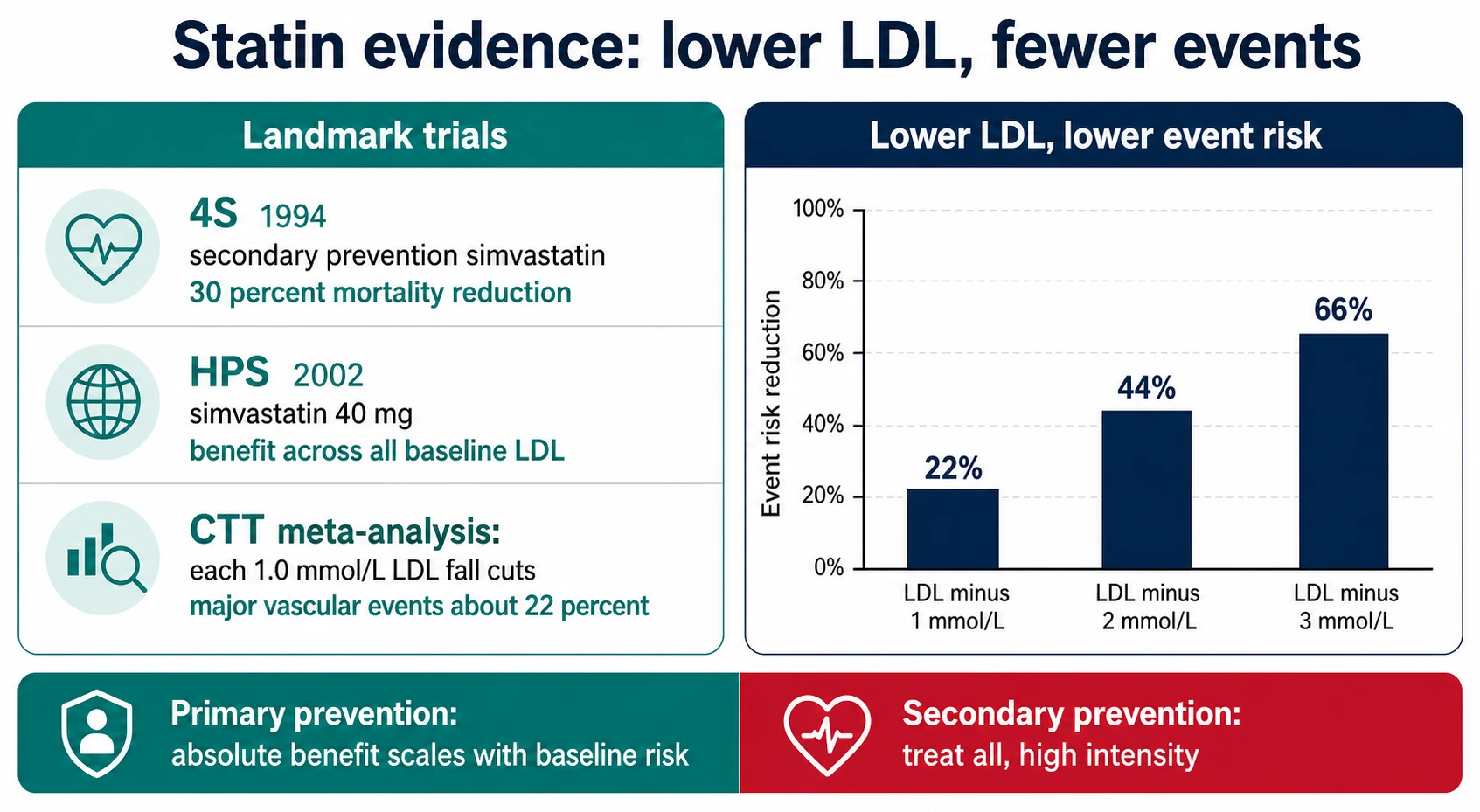 The statin evidence base — 4S, HPS and the CTT meta-analyses; risk reduction scales with LDL fall