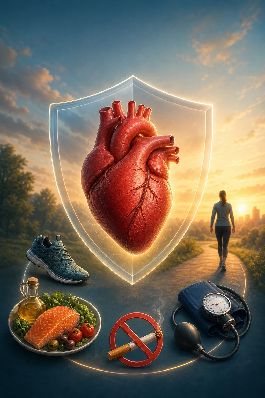 Cardiovascular prevention — a protected heart surrounded by the tools of prevention: movement, Mediterranean food, no smoking, blood pressure control