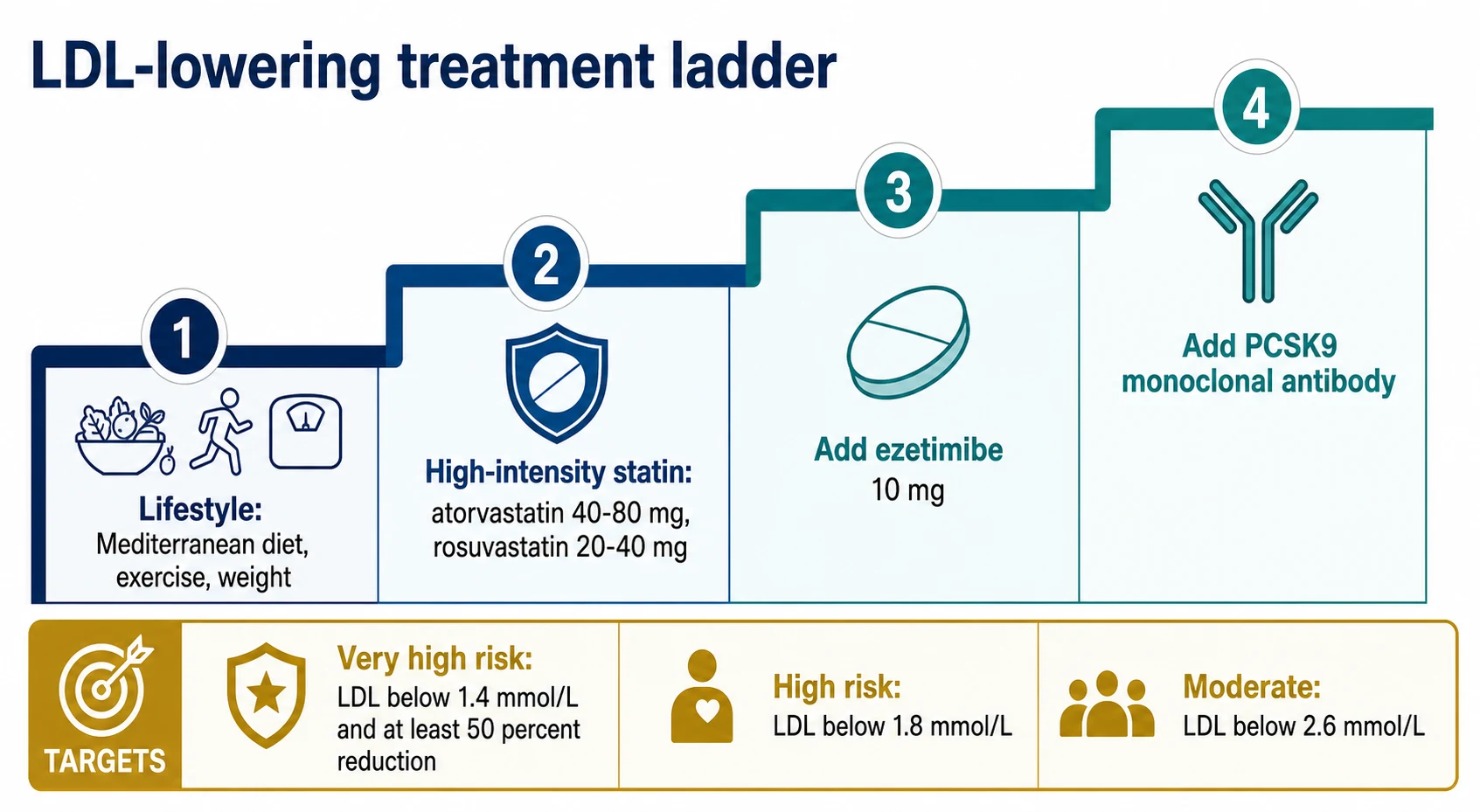 The LDL-lowering ladder — lifestyle, high-intensity statin, ezetimibe, PCSK9 antibody — with LDL targets by risk tier