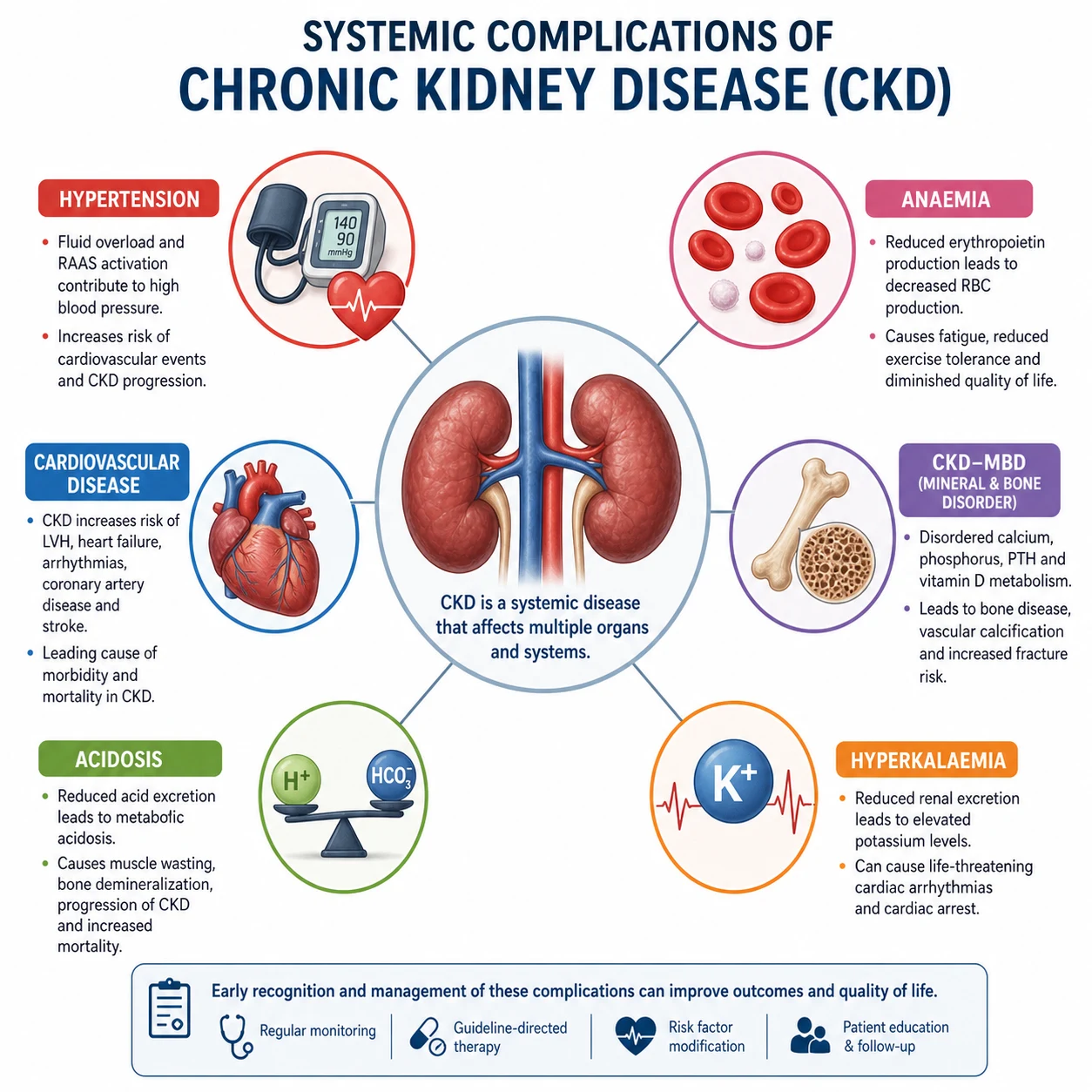 CKD complications by system — cardiovascular, mineral and bone disorder, anaemia, electrolyte and acid-base, and pharmacological