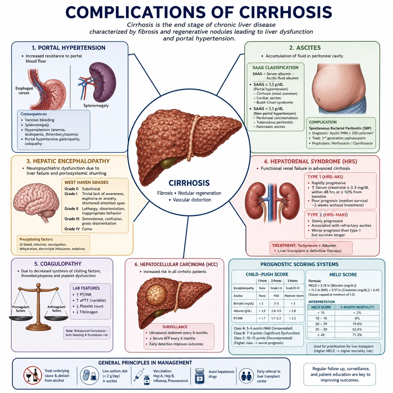 The four decompensating events: variceal bleed, ascites/SBP, encephalopathy, hepatorenal syndrome