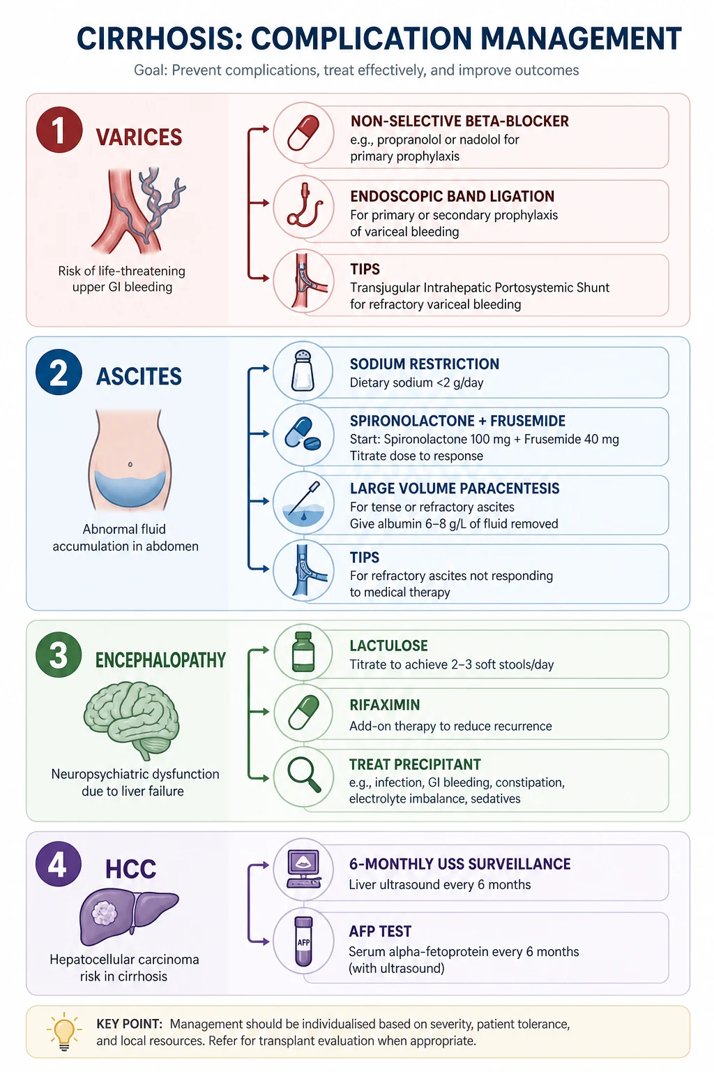 Staging-driven management of cirrhosis: compensated (prevent decompensation, NSBB in CSPH) versus decompensated (treat complications, assess transplant)