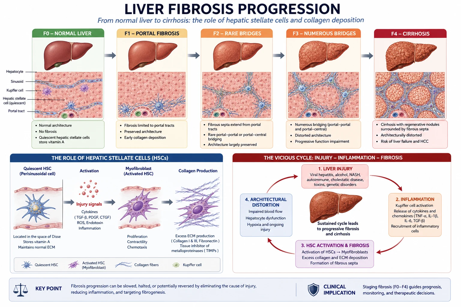 Hepatic stellate cell activation and the fibrosis cascade: injury, inflammation, collagen deposition, architectural distortion