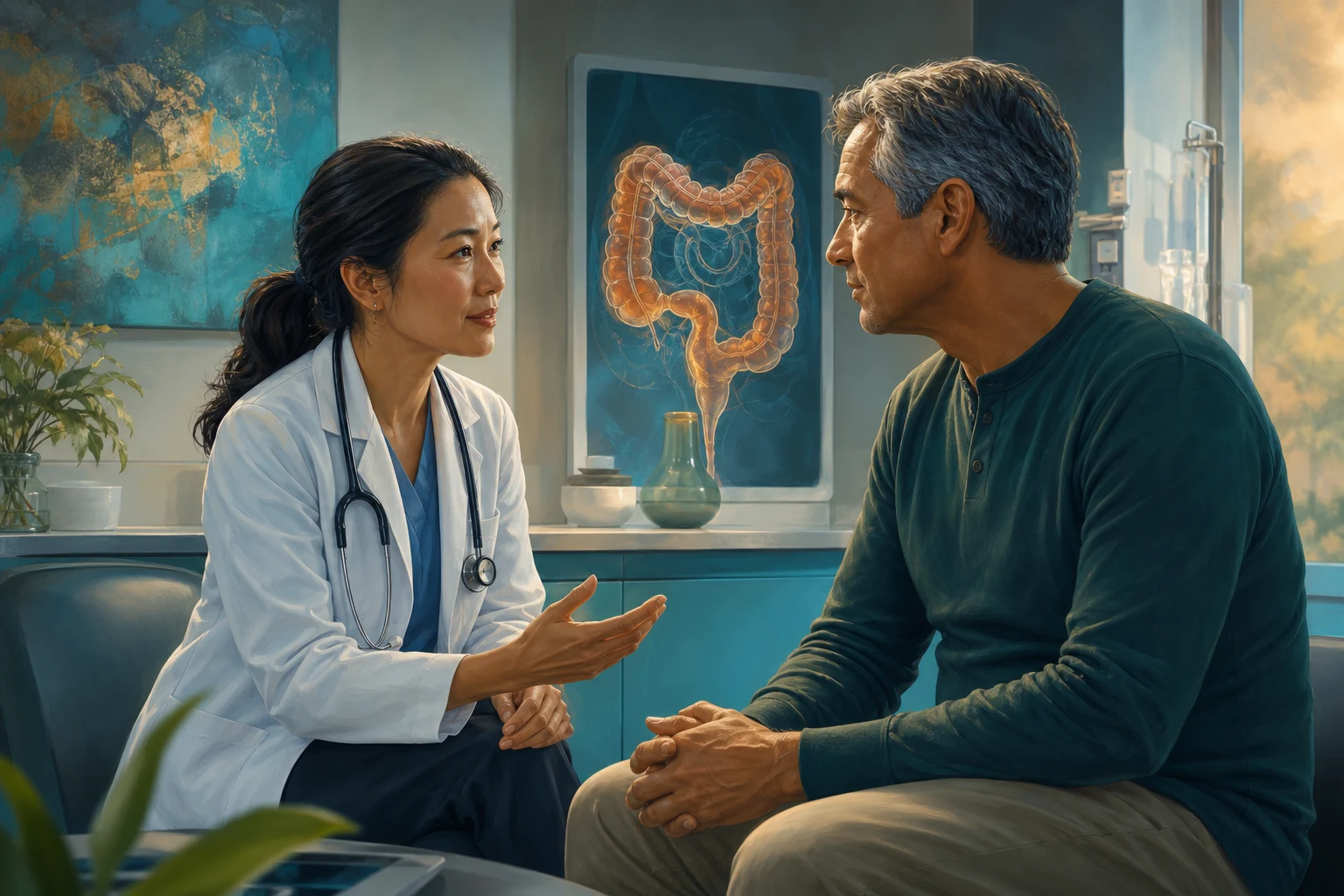 Colorectal cancer — the adenoma-carcinoma sequence as the organising principle, with the molecular hits (APC, KRAS, TP53) and the parallel serrated pathway (BRAF, MLH1 methylation), anchored to the screening-to-surgery-to-systemic-therapy pipeline