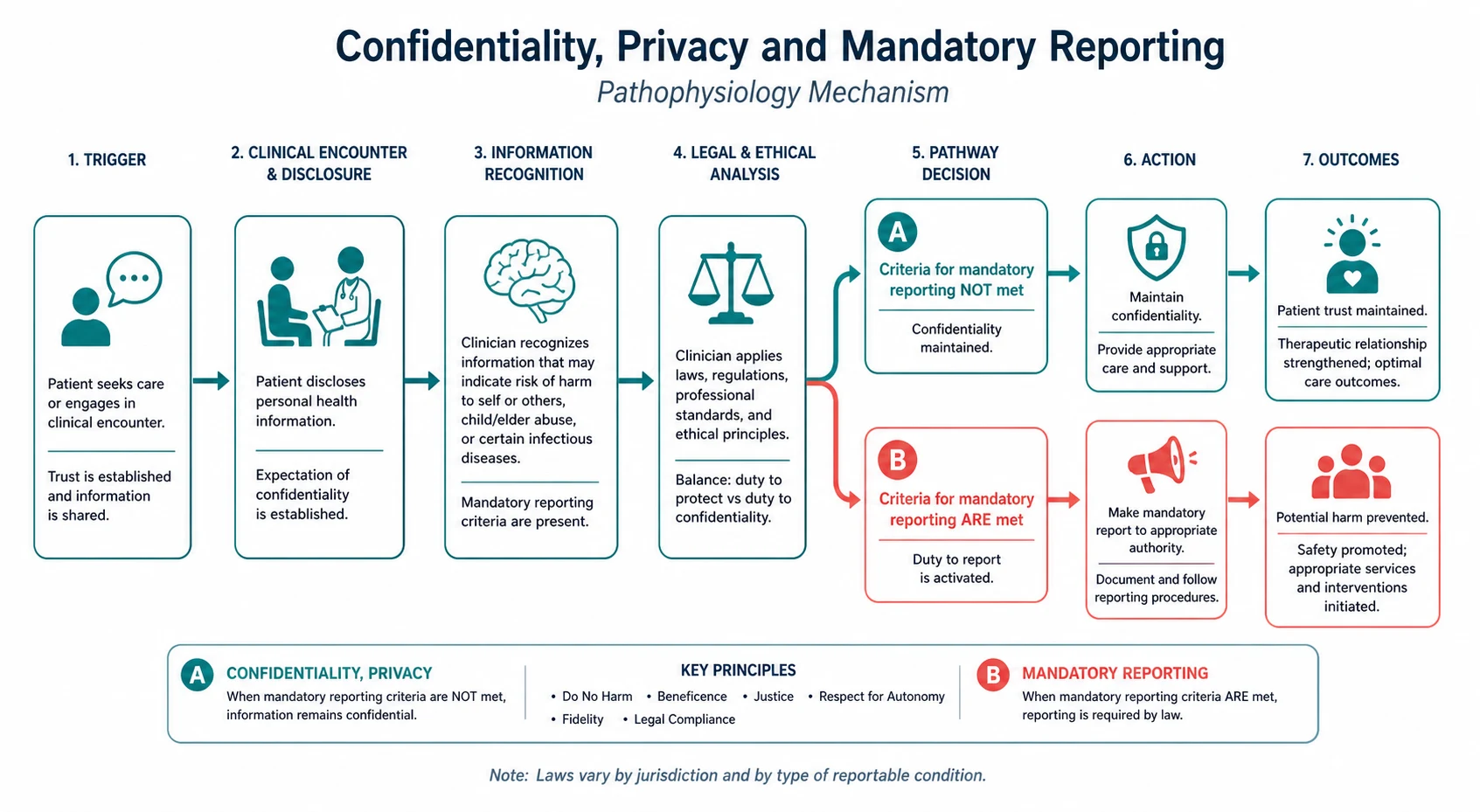 Pathophysiology mechanism diagram for Confidentiality Privacy AND Mandatory Reporting.