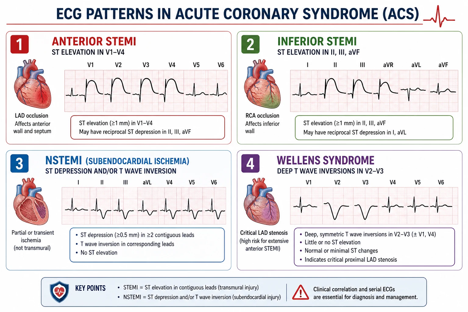 ECG patterns of STEMI — anterior (V1–V4), inferior (II, III, aVF), lateral (I, aVL, V5–V6) with reciprocal changes