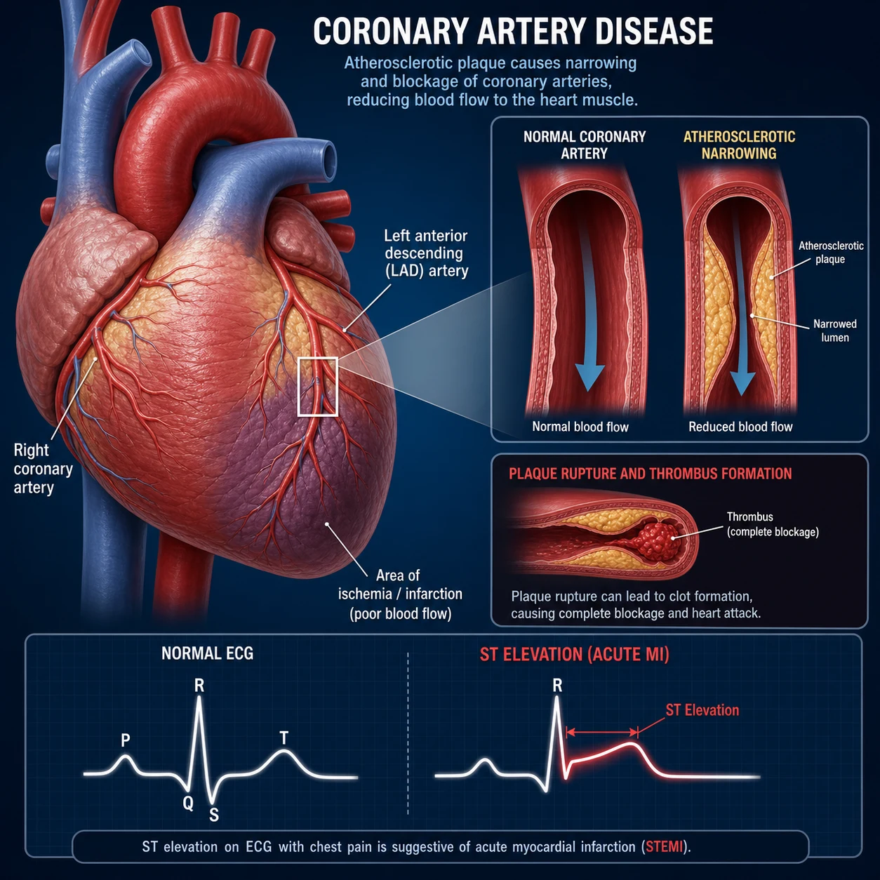 Coronary artery disease — coronary anatomy with atherosclerotic stenosis and overlying thrombus