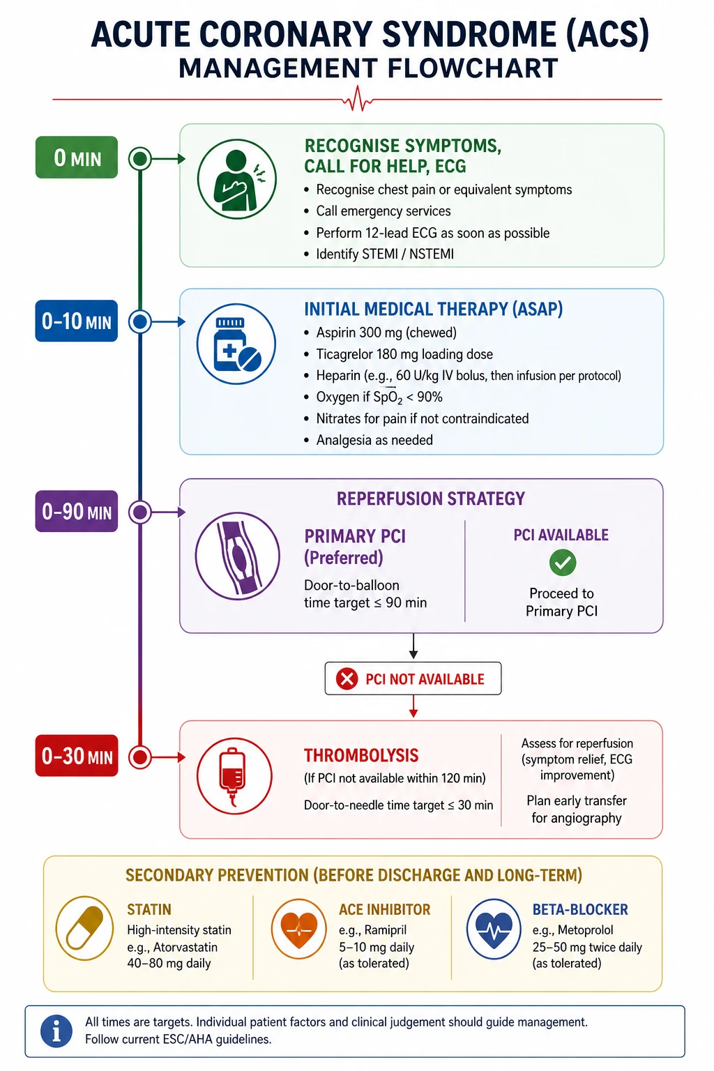 ACS management algorithm — STEMI primary PCI vs fibrinolysis; NSTE-ACS risk-stratified invasive strategy