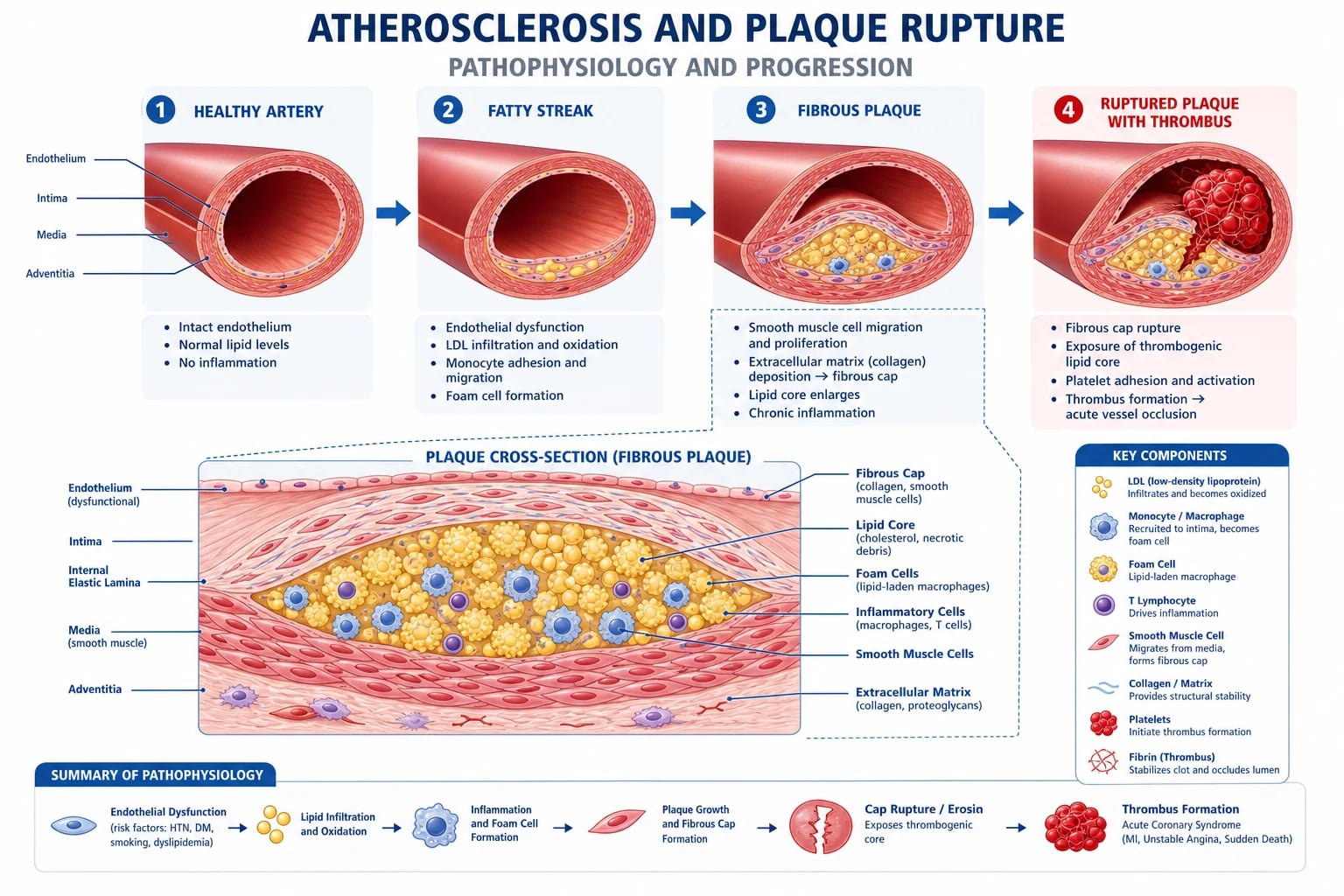 Atherosclerosis progression — from endothelial dysfunction to lipid-core plaque, plaque rupture, and thrombus formation