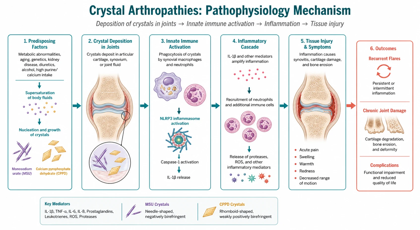 Pathophysiology mechanism diagram for Crystal Arthropathies.