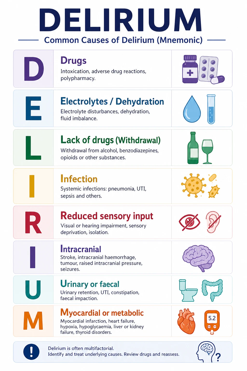 The DELIRIUM mnemonic for precipitants — Drugs, Electrolyte and dehydration, Lack of drugs (withdrawal), Infection, Reduced sensory input, Intracranial or CNS, Urinary and faecal, Myocardial and metabolic — as a structured cause-finding framework
