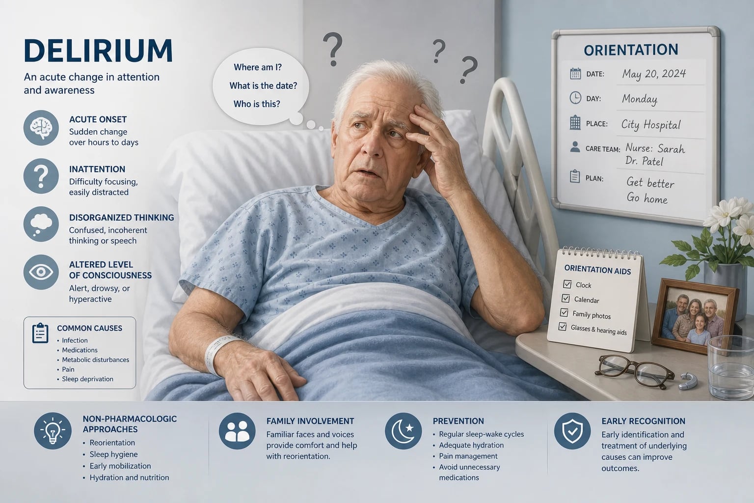 Delirium — an older patient in a hospital bed with fluctuating attention and awareness, surrounded by the precipitating factors of infection, drugs, dehydration, surgery and sensory deprivation