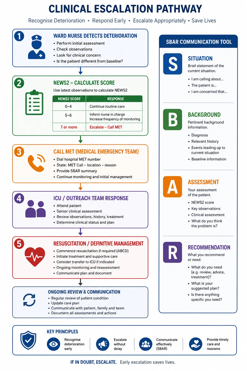 Escalation pathway — from routine ward monitoring, through ward registrar review at NEWS2 5 to 6, MET call at NEWS2 7 or more or any single-parameter red flag, to ICU admission and resuscitation