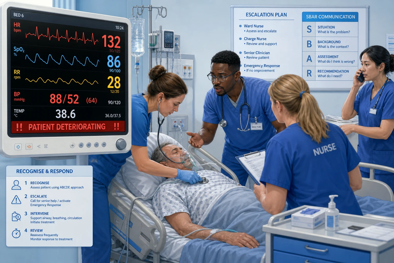 The deteriorating ward patient as a cascade: hours of warning signs captured by NEWS2, structured ABCDE assessment, targeted treatment of the cause, and the escalation pathway from ward review through MET call to ICU