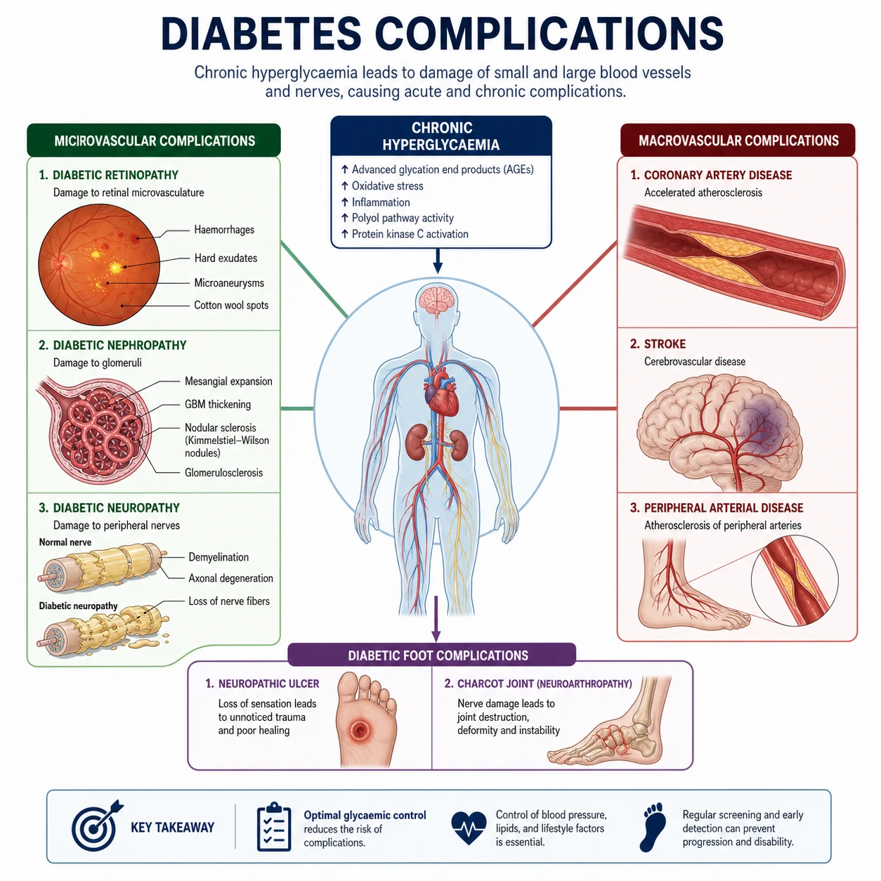 Diabetic complications — microvascular (retinopathy, nephropathy, neuropathy) and macrovascular (coronary, cerebrovascular, peripheral vascular disease)