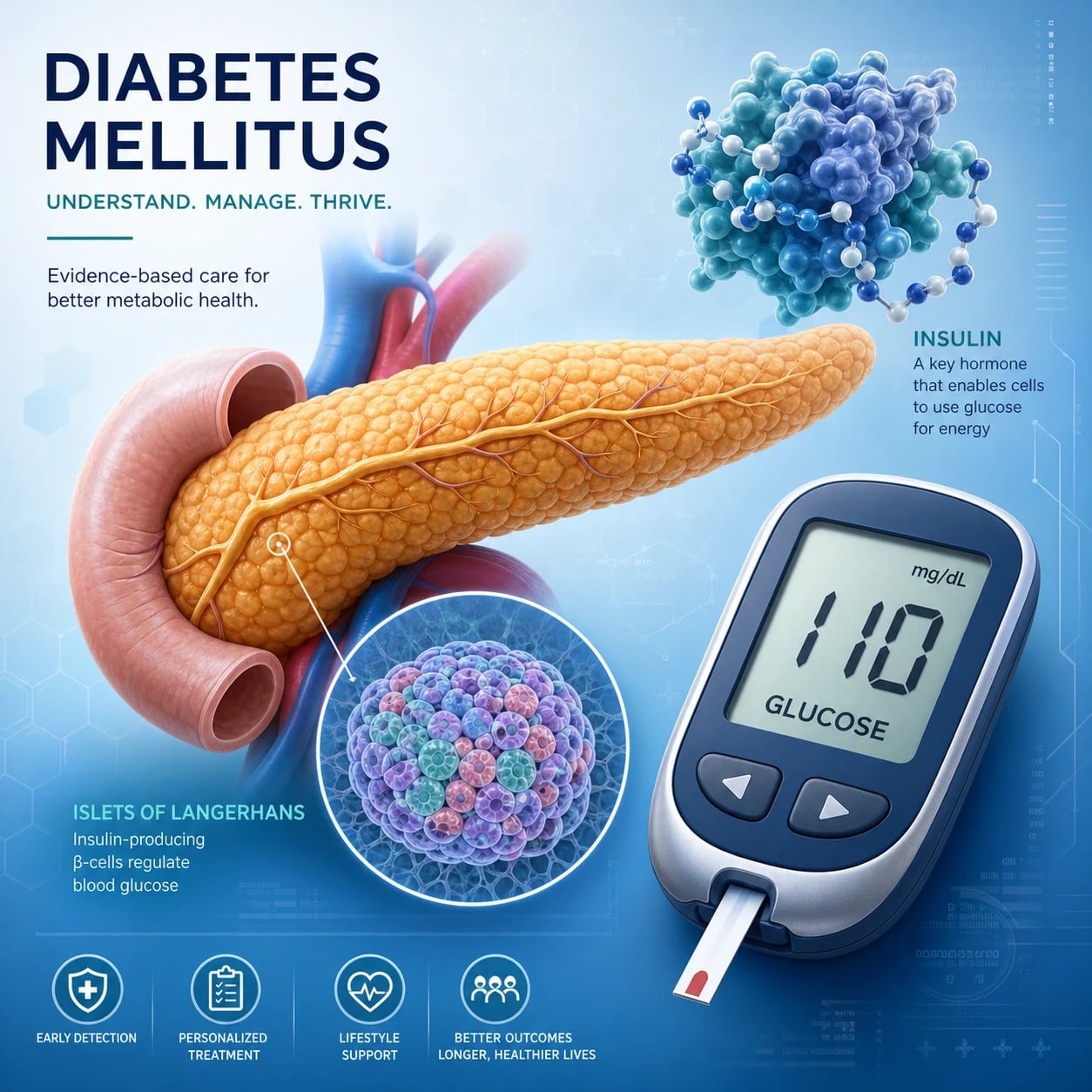 Diabetes mellitus — concept illustration showing pancreatic islet, glucose metabolism, and target organ complications