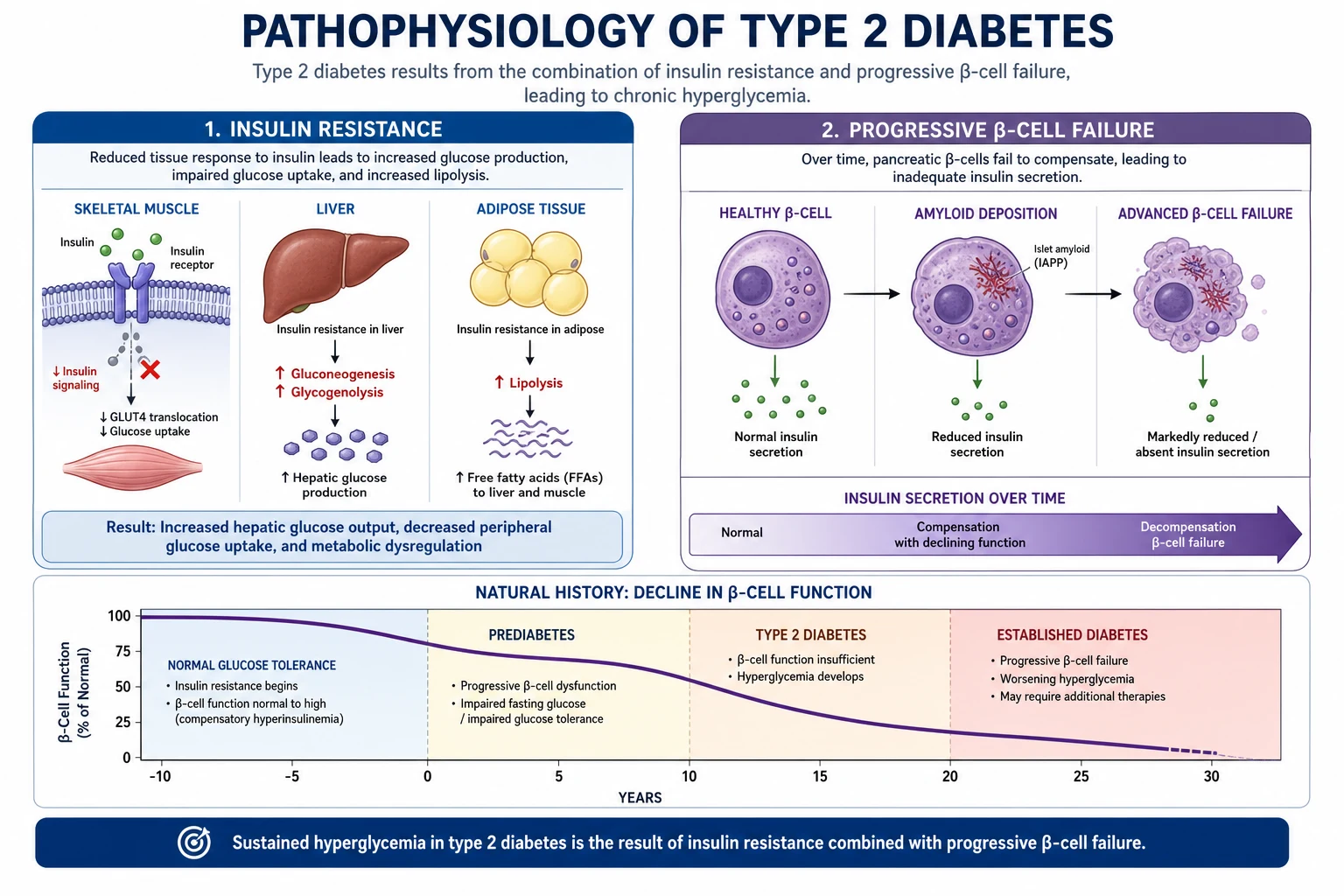 Pathophysiology of type 1 and type 2 diabetes — autoimmune beta-cell destruction versus insulin resistance with progressive beta-cell failure