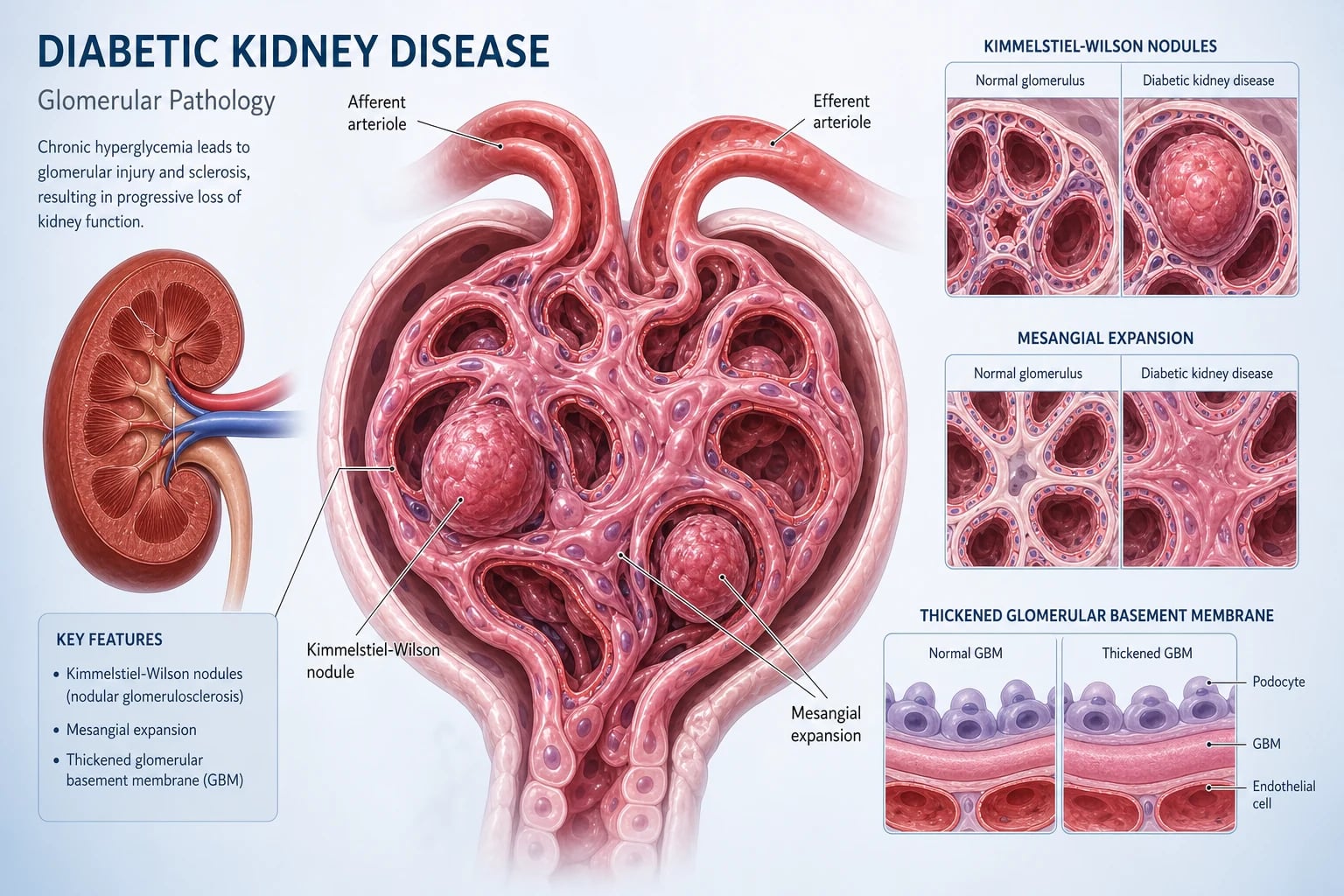 Diabetic kidney disease — a single glomerulus showing mesangial expansion with Kimmelstiel-Wilson nodules, arteriolar hyalinosis, and podocyte detachment