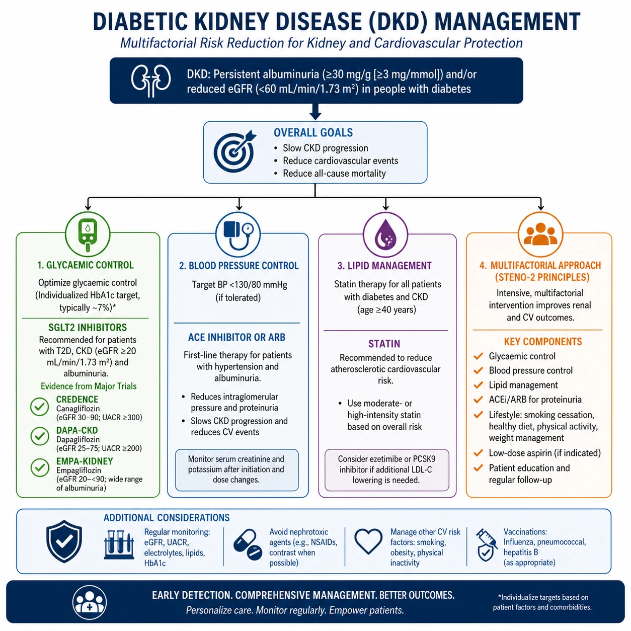Diabetic kidney disease management algorithm — SGLT2 inhibitor foundation, RAAS blockade for albuminuria, finerenone add-on, individualised glycaemic and BP targets, statin, Steno-2 multifactorial model, dialysis and transplant planning