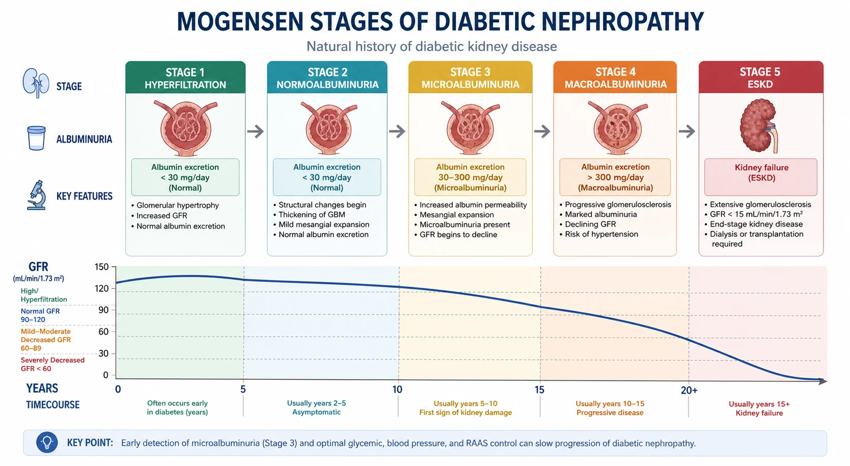 Mogensen five-stage natural history of diabetic kidney disease — hyperfiltration through silent normoalbuminuria, microalbuminuria, macroalbuminuria and ESKD, with eGFR and albumin-to-creatinine ratio plotted against time and intervention windows marked