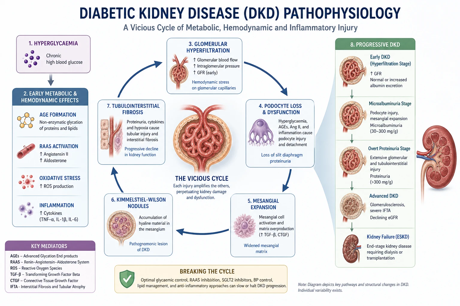 Diabetic kidney disease pathophysiology cascade — hyperglycaemia to advanced glycation end-products, glomerular hyperfiltration, podocyte loss, mesangial expansion and Kimmelstiel-Wilson nodules, tubulointerstitial fibrosis