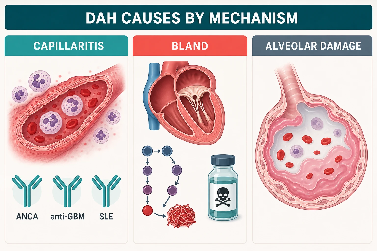 DAH causes by mechanism — capillaritis, bland haemorrhage and diffuse alveolar damage