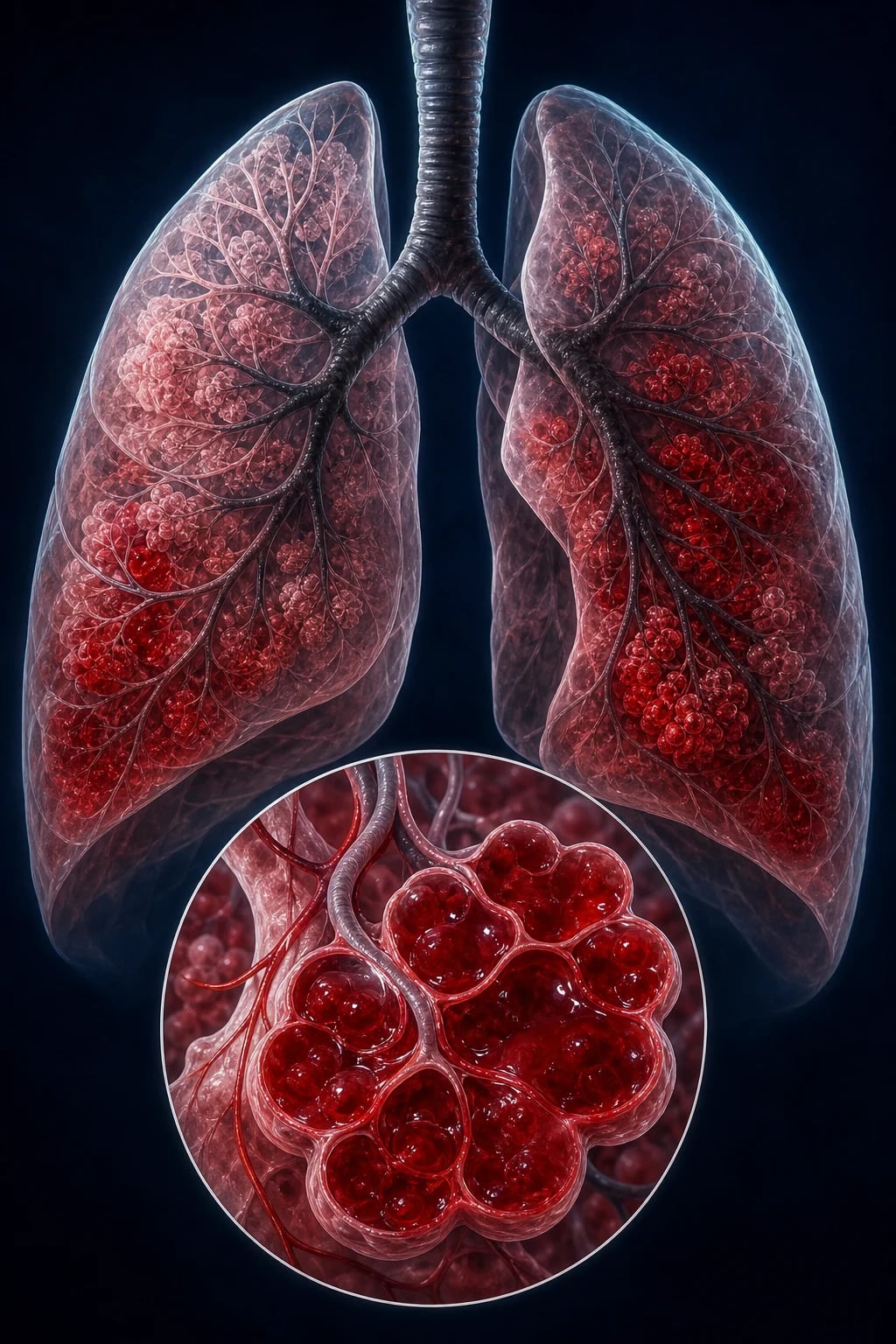 Diffuse alveolar haemorrhage — alveolar spaces filling with blood across both lungs, magnified inset of blood-filled alveoli